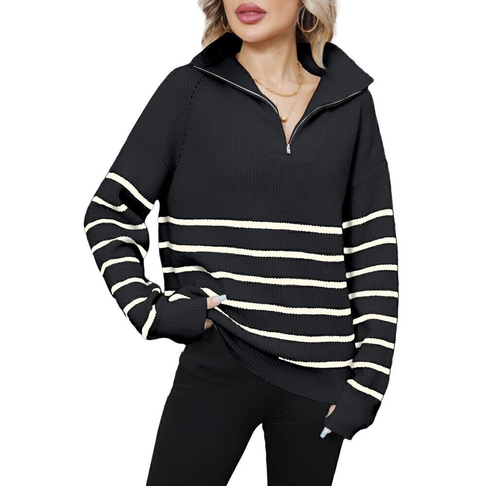 Striped Sweater Half Zipper Pullover Sweater Long Sleeve Ribbed Knit Small